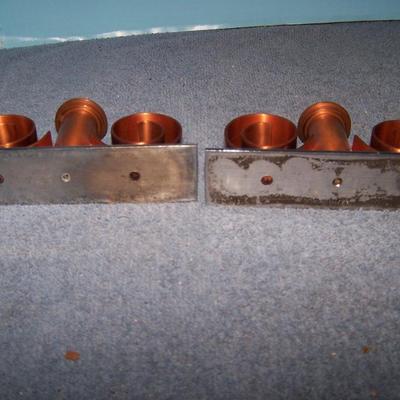 LOT 110 FABULOUS 3 PAIR MCM CANDLESTICKS--COPPER/GLASS/POTTERY