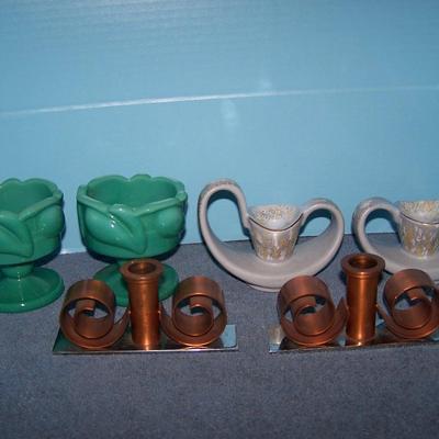 LOT 110 FABULOUS 3 PAIR MCM CANDLESTICKS--COPPER/GLASS/POTTERY