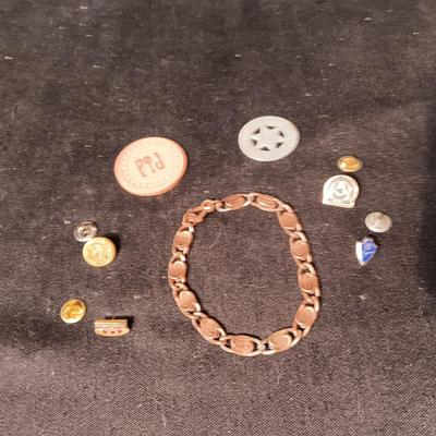 COPPER BRACELET, PINS, POKER CHIP AND LOVELAND, CO TOKENN