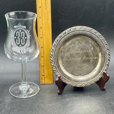 Rare Disney Collectible -Disneyland Enchanted Evenings silver plated dessert plate & Club 33 Goblet