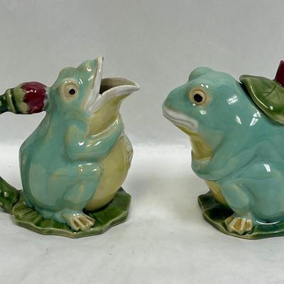 Vintage Majolica Style Glazed Ceramic Collectible Green Frog Creamer and Sugar Bowl