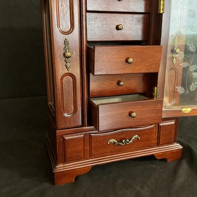 Wooden Jewelry Box w/ Etched Glass Doors (GB-DZ)