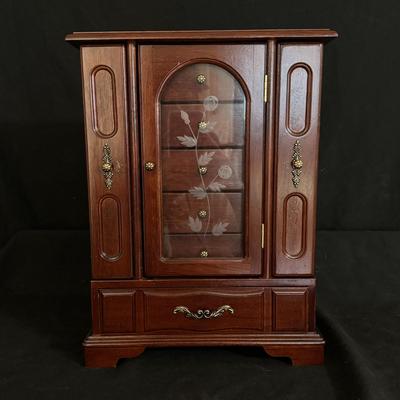 Wooden Jewelry Box w/ Etched Glass Doors (GB-DZ)