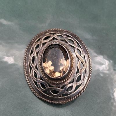 Antique Smoky Quartz Silver Brooch