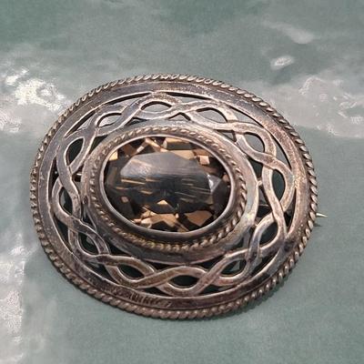 Antique Smoky Quartz Silver Brooch