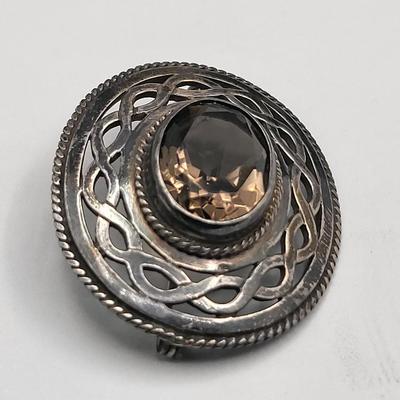 Antique Smoky Quartz Silver Brooch