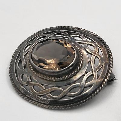 Antique Smoky Quartz Silver Brooch
