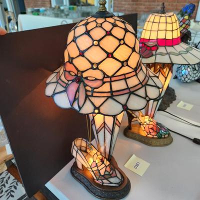 2 Tiffany Style Stained Glass Shoe Hat Umbrella Table Lamps