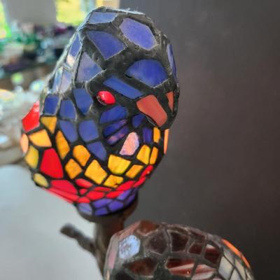 Double Parrot Stained Glass Table Lamp on Metal Branch