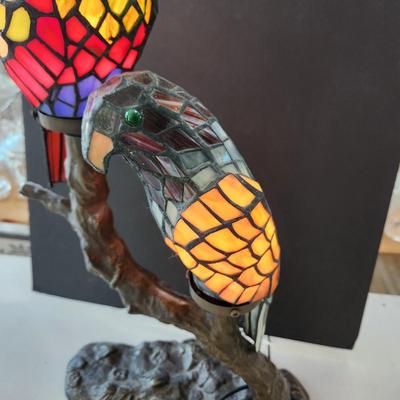 Double Parrot Stained Glass Table Lamp on Metal Branch