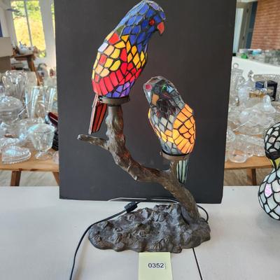 Double Parrot Stained Glass Table Lamp on Metal Branch