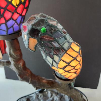 Double Parrot Stained Glass Table Lamp on Metal Branch
