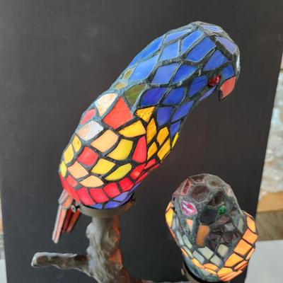 Double Parrot Stained Glass Table Lamp on Metal Branch