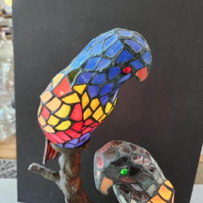 Double Parrot Stained Glass Table Lamp on Metal Branch