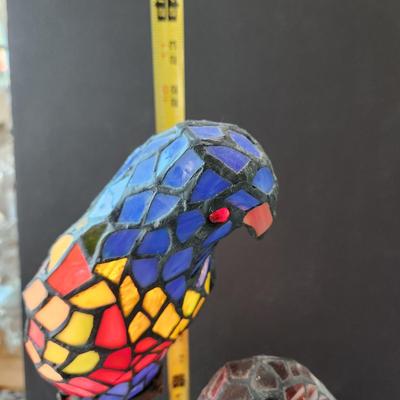 Double Parrot Stained Glass Table Lamp on Metal Branch