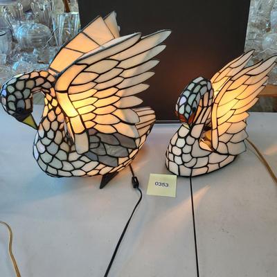 2 Stained Glass Swan Table Lamps