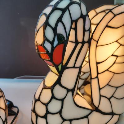 2 Stained Glass Swan Table Lamps