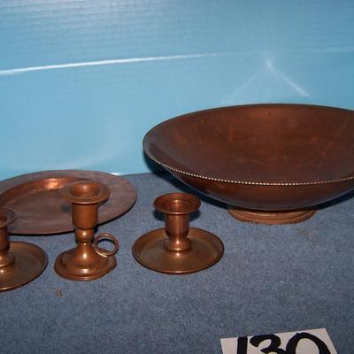 LOT 130 WONDERFUL VINTAGE COPPER BOWL/CANDLESTICKS plus