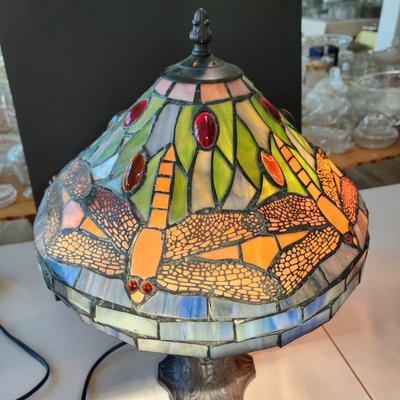 Dragonfly Stained Glass Table Lamp 2 Pull Chain Lights w Stained glass Base