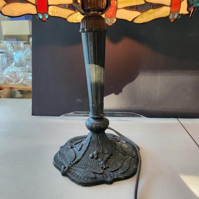 Blue & Red Stained Glass Dragonfly Table Lamp w Dragonfly metal base