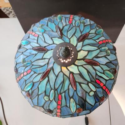 Blue & Red Stained Glass Dragonfly Table Lamp w Dragonfly metal base