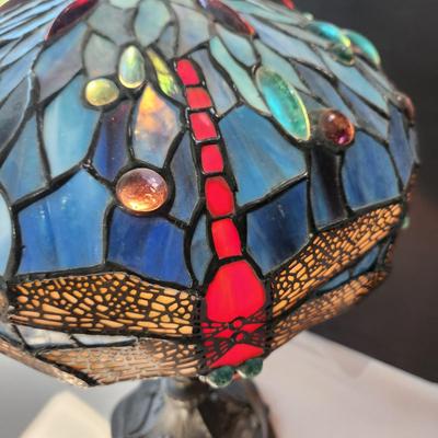 Blue & Red Stained Glass Dragonfly Table Lamp w Dragonfly metal base