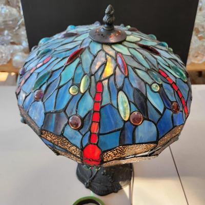 Blue & Red Stained Glass Dragonfly Table Lamp w Dragonfly metal base