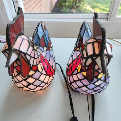 Pair Multicolor Stained Glass Chicken Accent Lamps