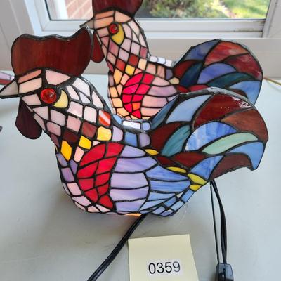 Pair Multicolor Stained Glass Chicken Accent Lamps