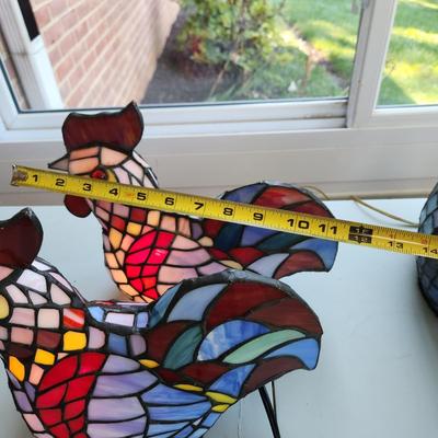 Pair Multicolor Stained Glass Chicken Accent Lamps