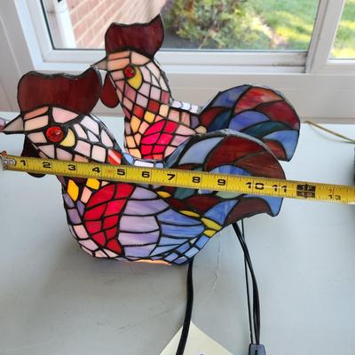 Pair Multicolor Stained Glass Chicken Accent Lamps