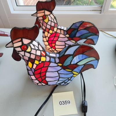 Pair Multicolor Stained Glass Chicken Accent Lamps