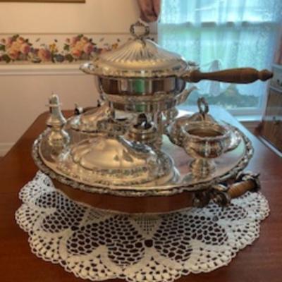 1932 Goldfelder Silver Co. Silver Plate Georgian Style Lazy Susan Dumbwaiter Server with Scroll & Shell Molded Lids.