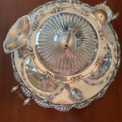 1932 Goldfelder Silver Co. Silver Plate Georgian Style Lazy Susan Dumbwaiter Server with Scroll & Shell Molded Lids.