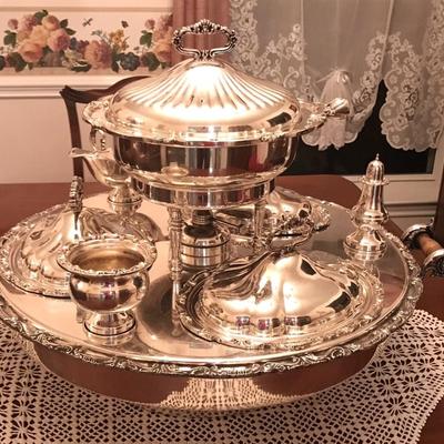 1932 Goldfelder Silver Co. Silver Plate Georgian Style Lazy Susan Dumbwaiter Server with Scroll & Shell Molded Lids.