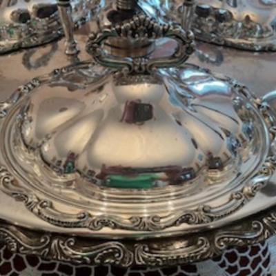 1932 Goldfelder Silver Co. Silver Plate Georgian Style Lazy Susan Dumbwaiter Server with Scroll & Shell Molded Lids.