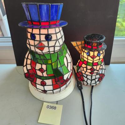 2 Stained Glass Snowman Table Accent Lights