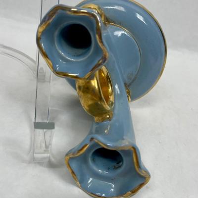 Vintage 1950's Abingdon Pottery Double Candlestick Holder Blue & Gold