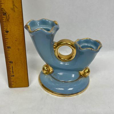 Vintage 1950's Abingdon Pottery Double Candlestick Holder Blue & Gold