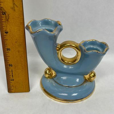Vintage 1950's Abingdon Pottery Double Candlestick Holder Blue & Gold