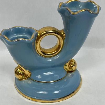 Vintage 1950's Abingdon Pottery Double Candlestick Holder Blue & Gold