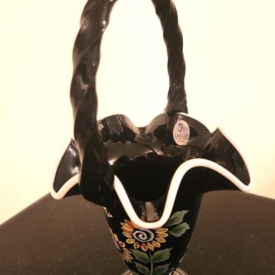 Lot #214 Fenton Art Glass Basket - Black with Sunflowers & Bee
