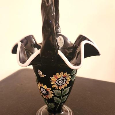 Lot #214 Fenton Art Glass Basket - Black with Sunflowers & Bee