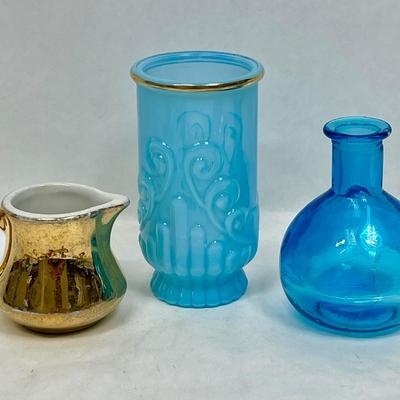 3 piece vintage collection - Gold Ceramic Pitcher, Milk Glass Blue Gold Vase, Glass Vase