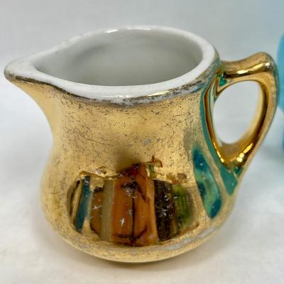 3 piece vintage collection - Gold Ceramic Pitcher, Milk Glass Blue Gold Vase, Glass Vase