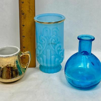 3 piece vintage collection - Gold Ceramic Pitcher, Milk Glass Blue Gold Vase, Glass Vase