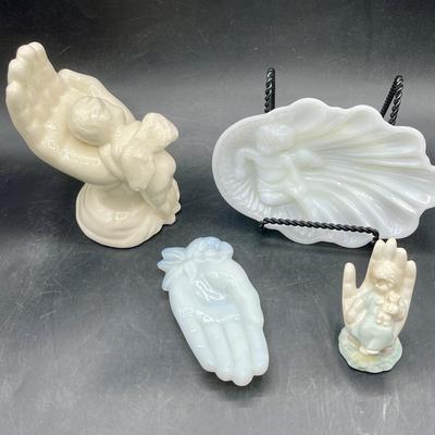 Angels Lot - 2 milk glass, 2 ceramic