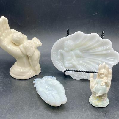 Angels Lot - 2 milk glass, 2 ceramic