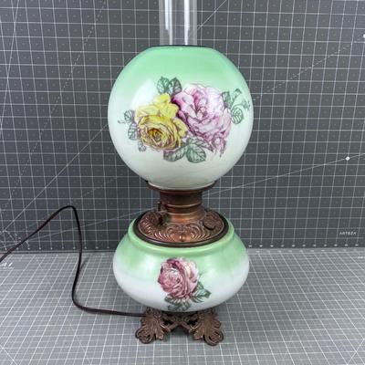 Antique Electrified Kerosene Lamp, Glass Green and Roses