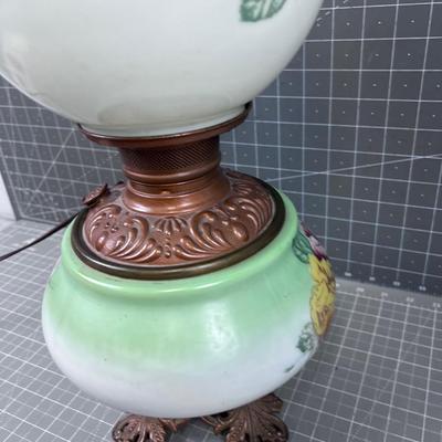 Antique Electrified Kerosene Lamp, Glass Green and Roses